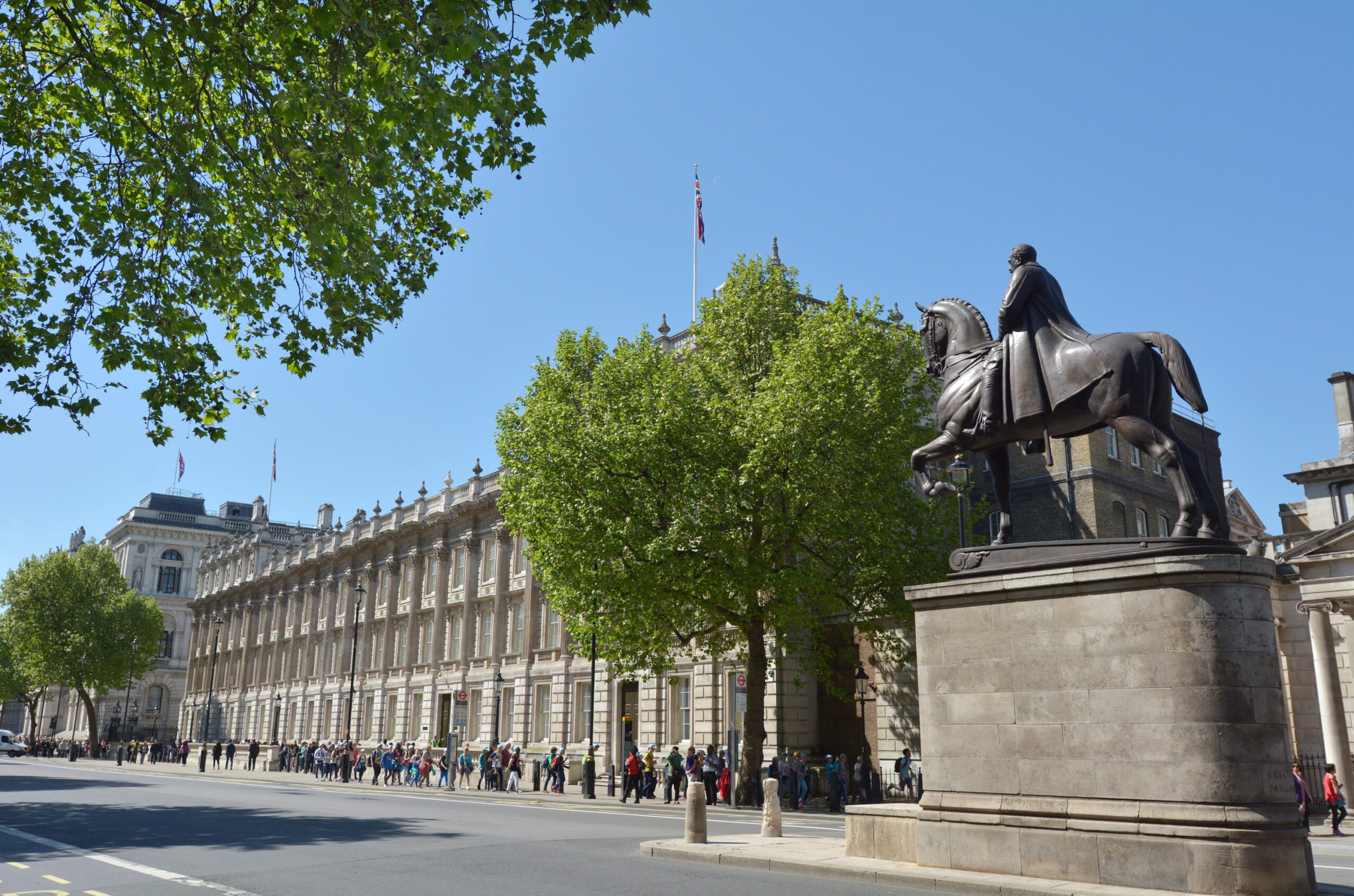 LONDON - MAY 13 2015:Whitehall road London England UK.Whitehall is home for some of Britain government buildings such as Ministry of Defence, Cabinet Office building and the Horse Guards.